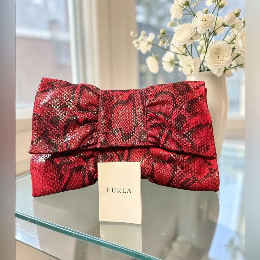 Furla EUC Red and Black Snake-Print Bow Clutch - Picture 11 of 11